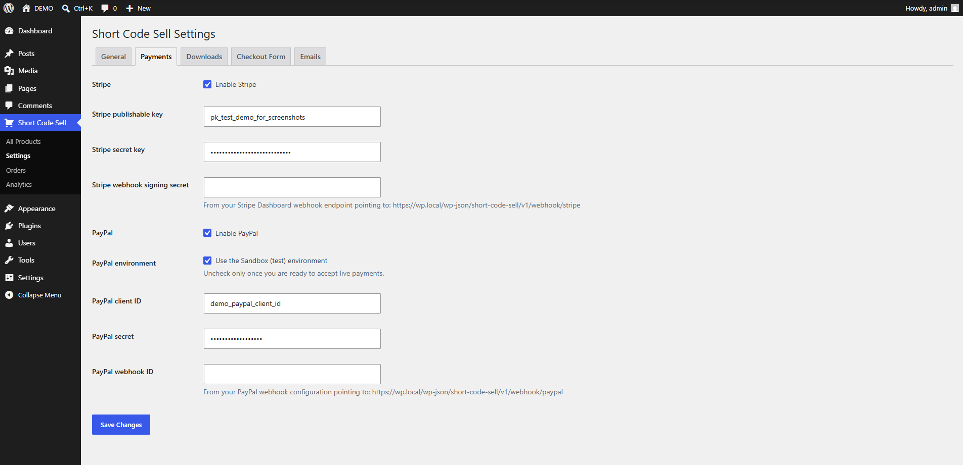 Payment gateway settings.