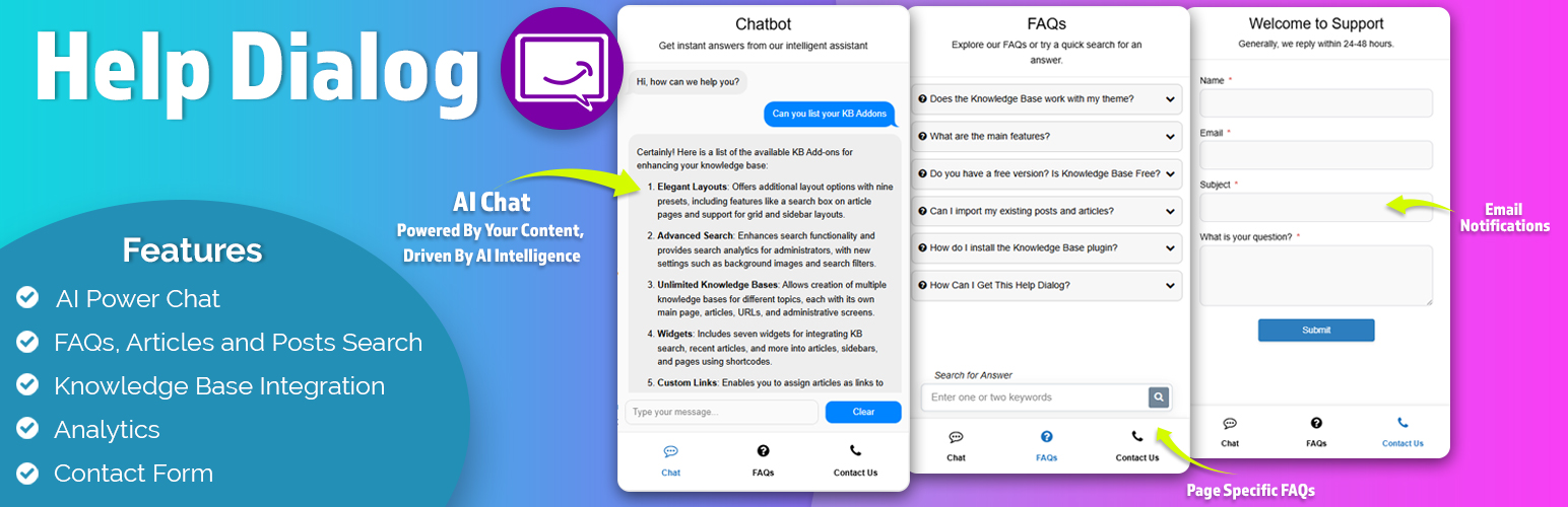 WordPress 外掛 Help Dialog with AI Chat, FAQs, Search, Contact Form 的封面圖片。