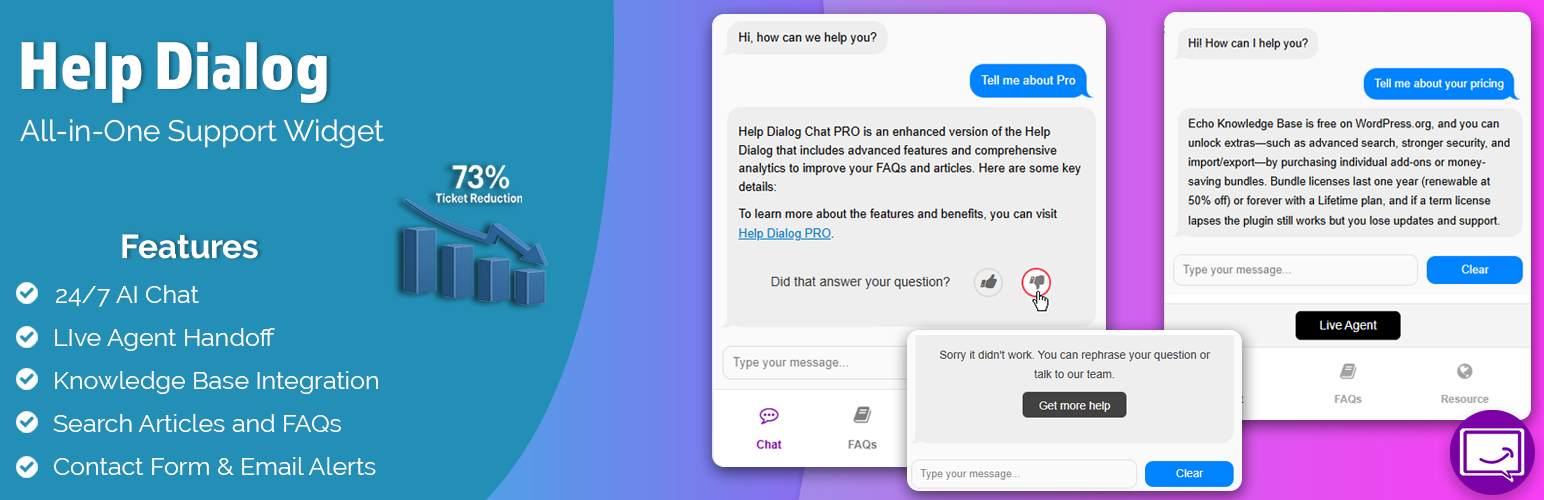AI Chat App – Live Agent Handover, Help Docs, Email, Call Button, Fast Support