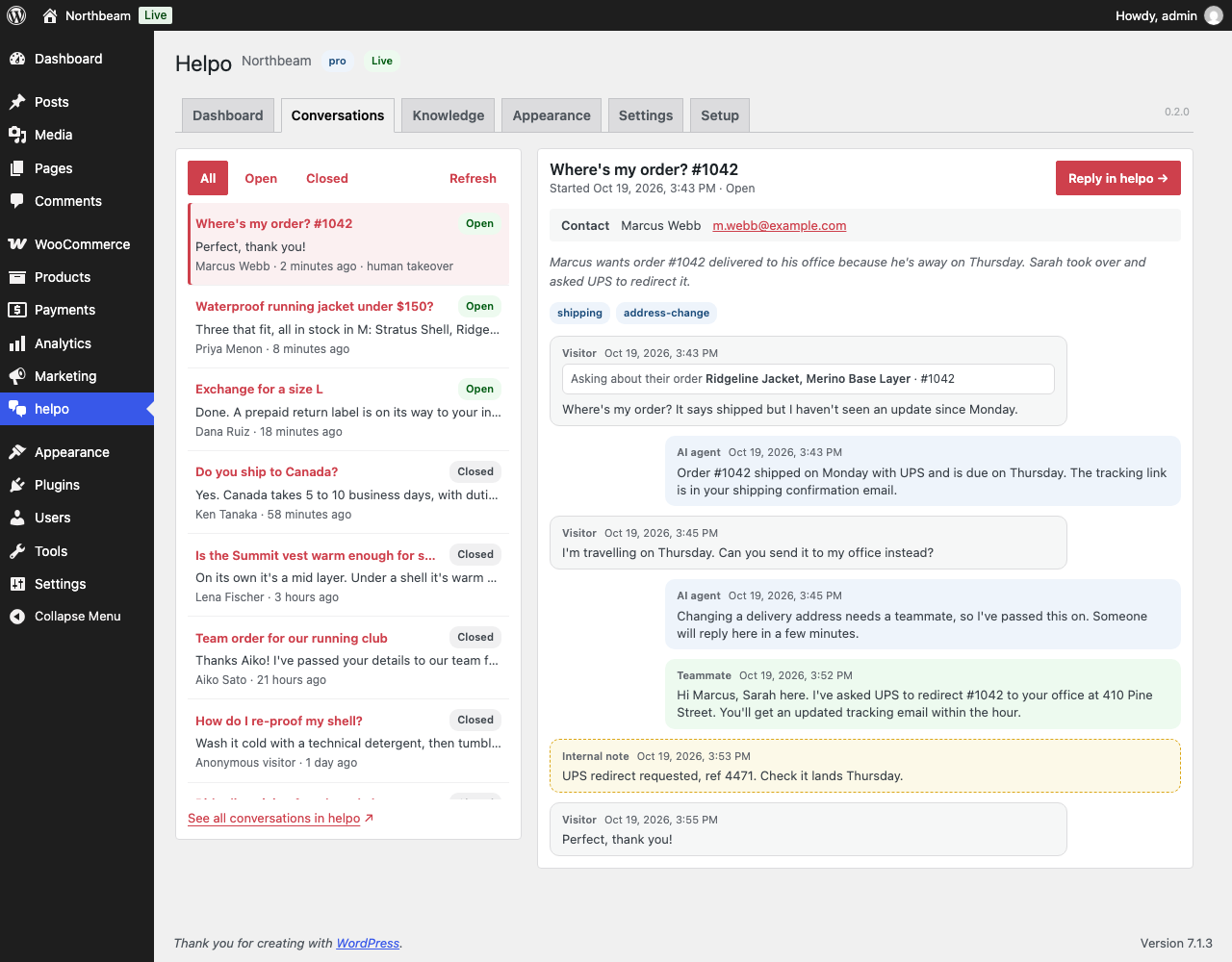 Conversations: every transcript, AI or human, with the visitor's details and a summary.
