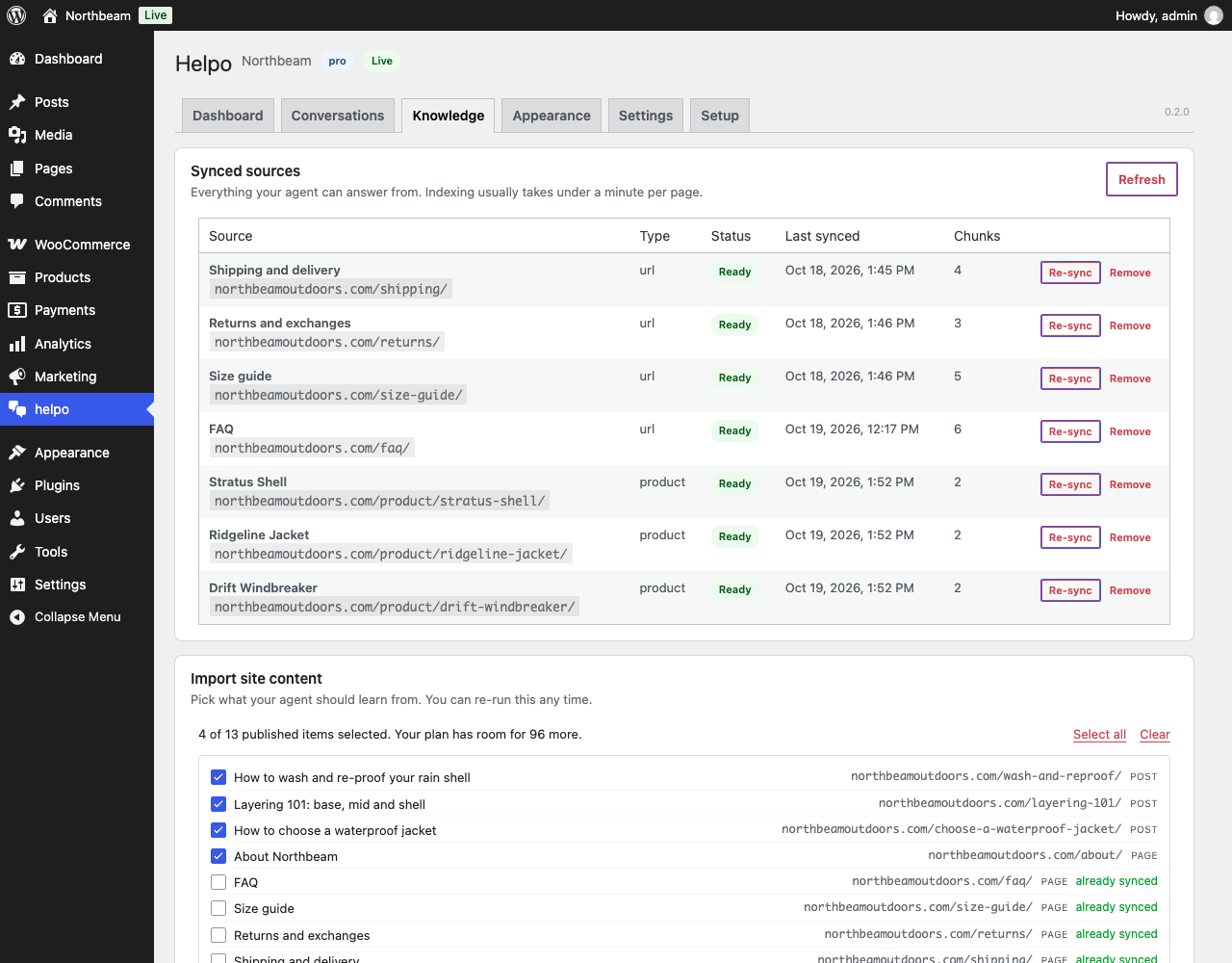 Knowledge: your pages and WooCommerce products, synced and ready, plus a picker to import more.