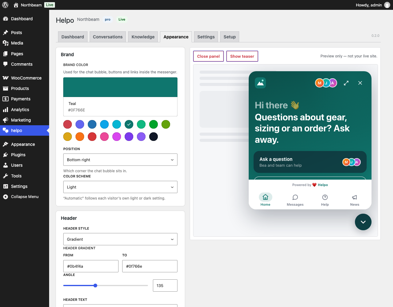Appearance: brand color, position and header, with a live preview of the messenger.
