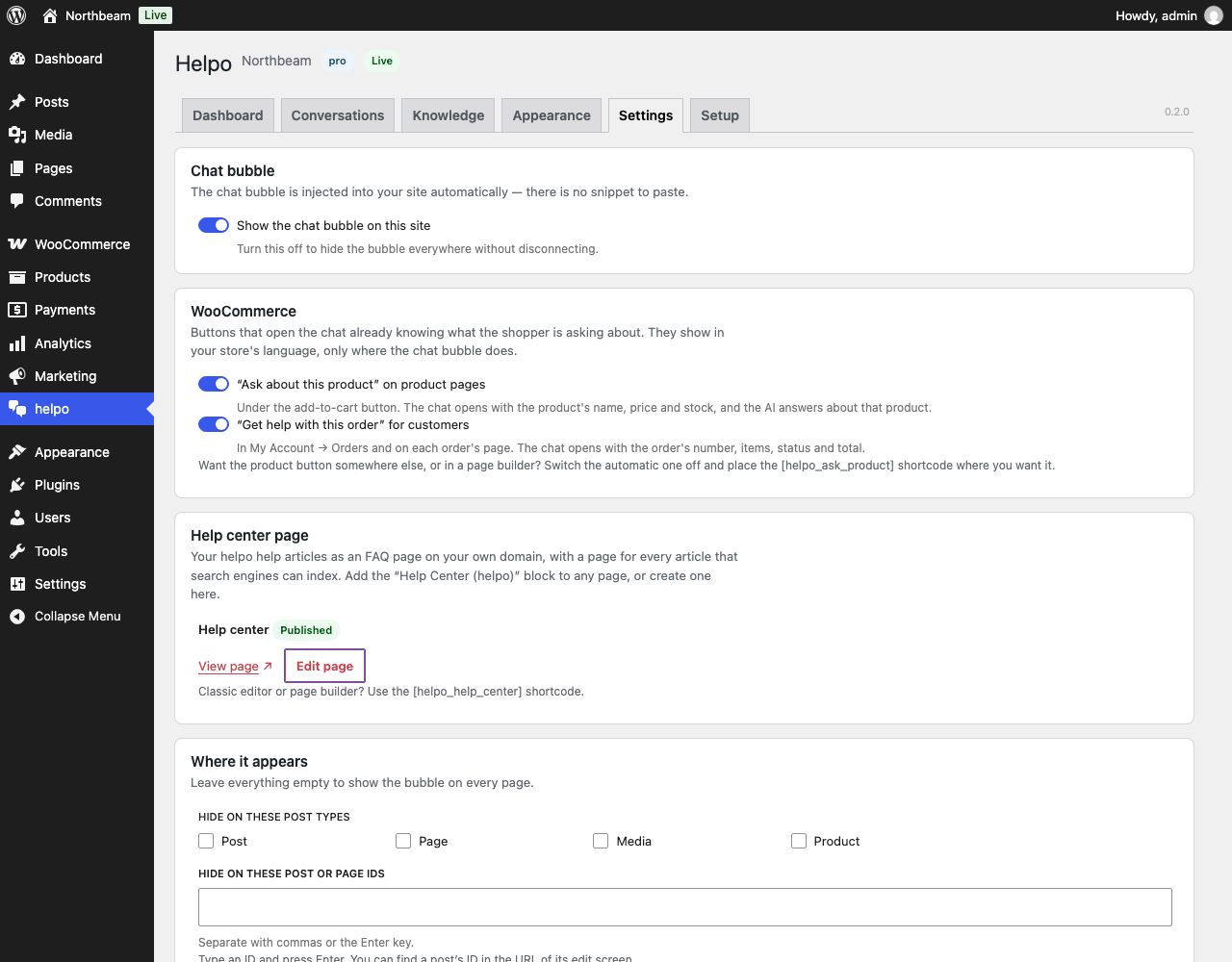 Settings: the chat bubble, WooCommerce product and order buttons, and your help center page.