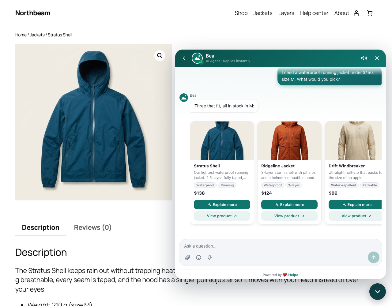 On a product page: a shopper asks for a jacket and the AI answers with matching products.