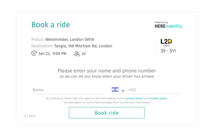 The user clicks on the preferred ride offer. The widget displays a dialog for entering user details.
