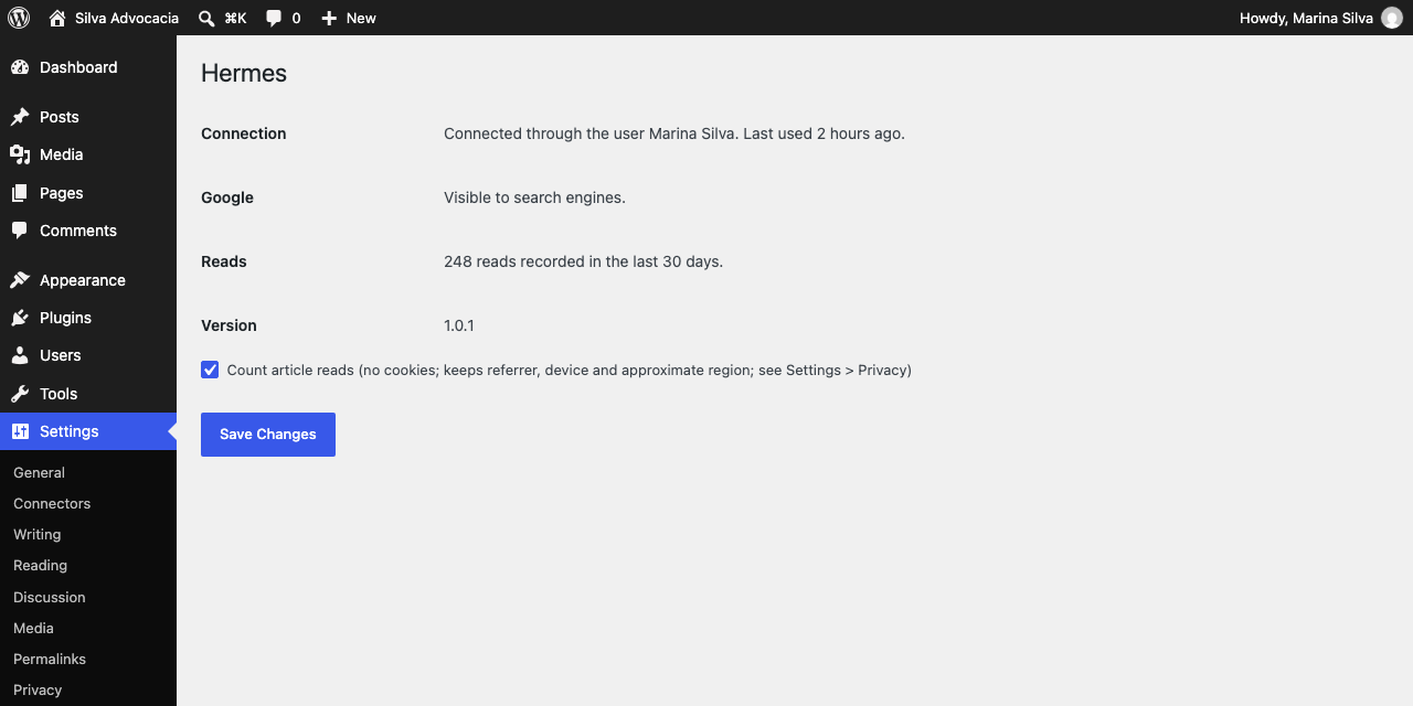 Settings > Hermes: connection, Google visibility and reads at a glance.