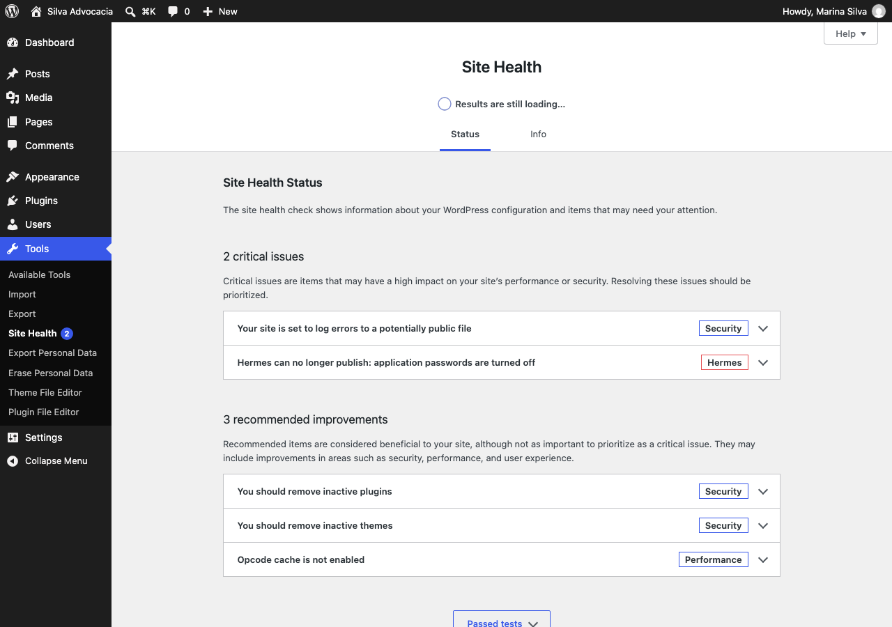 Tools > Site Health: Hermes explains what blocks the connection.