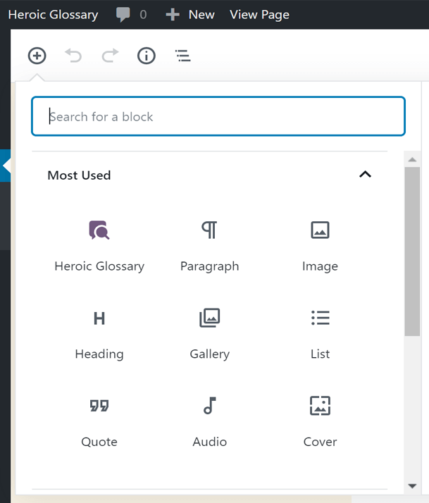 Add the Heroic Glossary block using the + symbol and selecting it from the editor