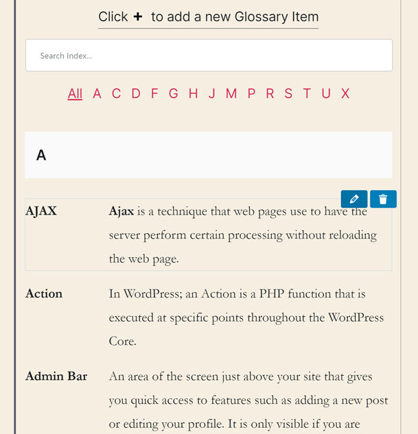 Glossary terms can be edited easily by hovering over the glossary item and clicking edit