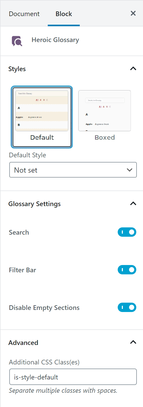 The block options can be controlled from the inspector panel