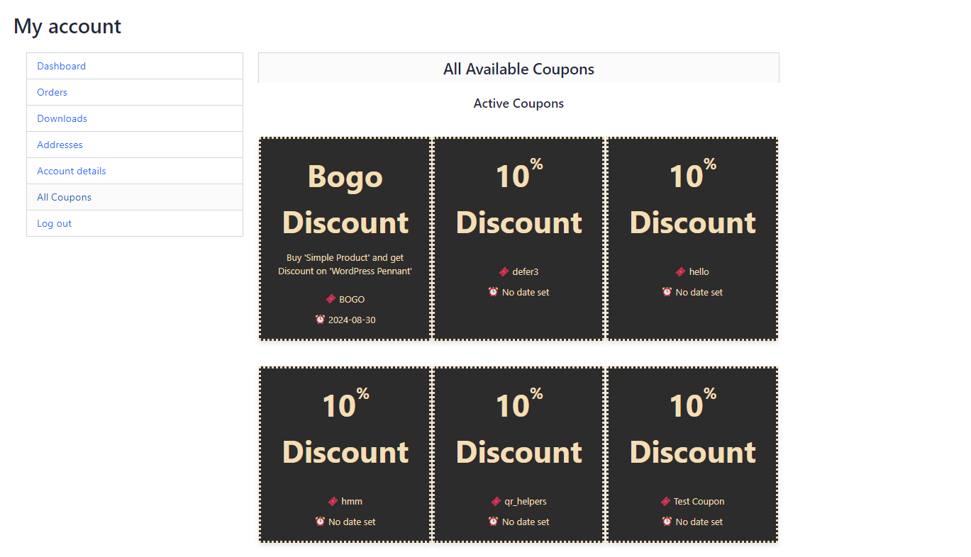 WooCommerce registered users can view all available coupons that are available for use in the WooCommerce my account page.