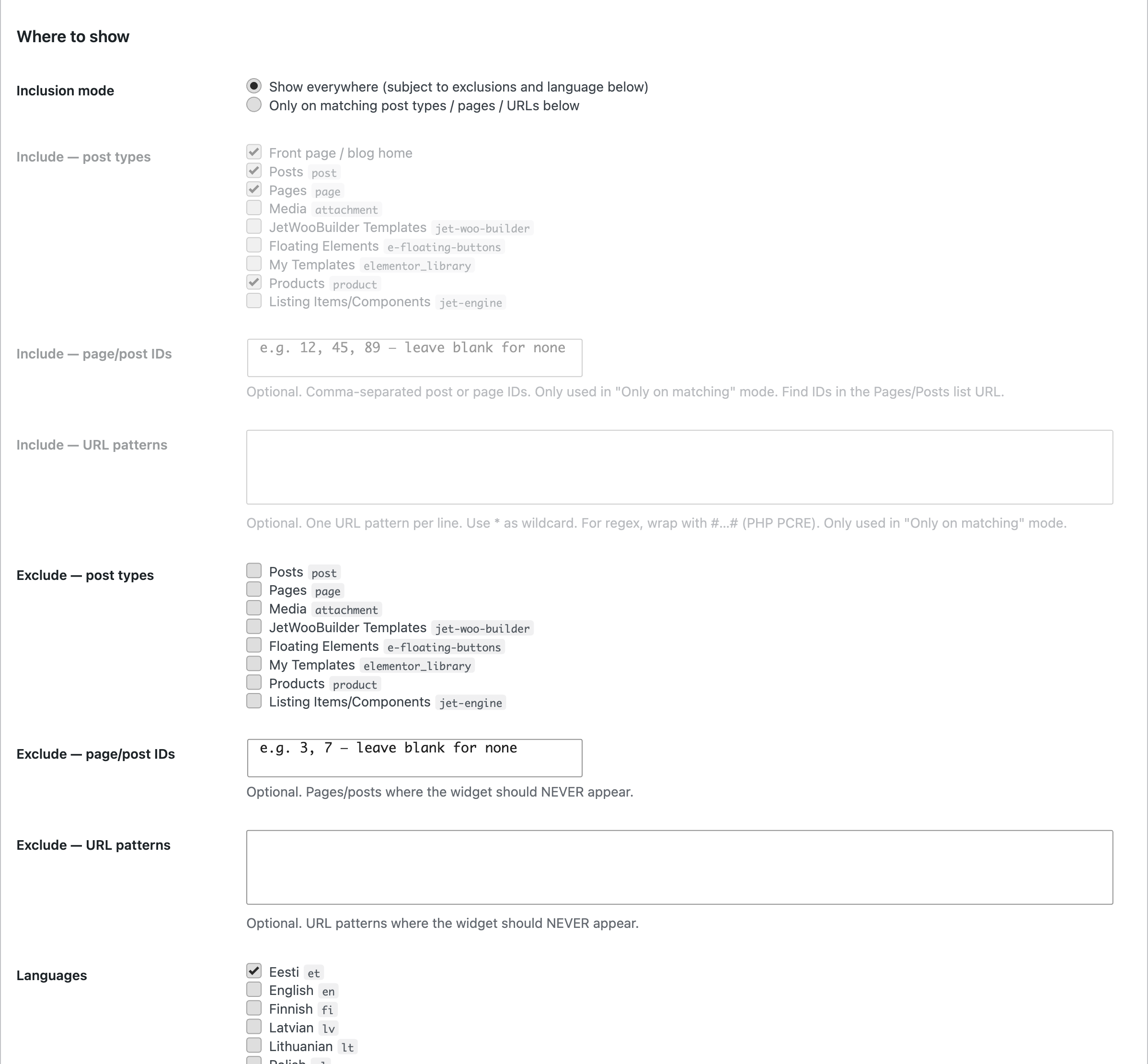 Targeting rules — include/exclude by post type, page ID or URL pattern, plus per-language targeting (WPML/Polylang).