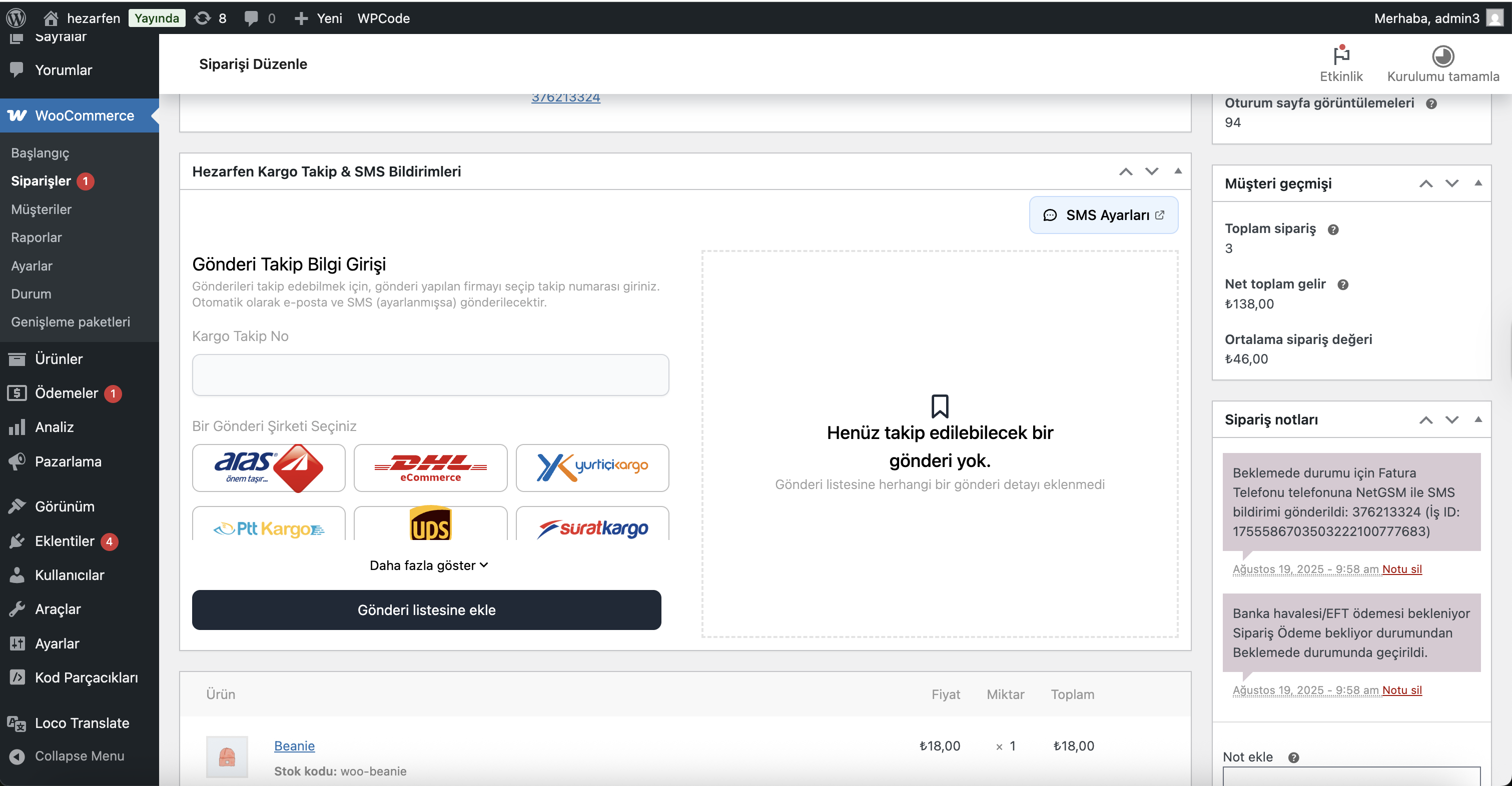 WooCommerce kargo takip numarası giriş alanı (HepsiJET, Yurtiçi Kargo, Sürat Kargo, Aras Kargo vb. toplamda 23 kargo firması)