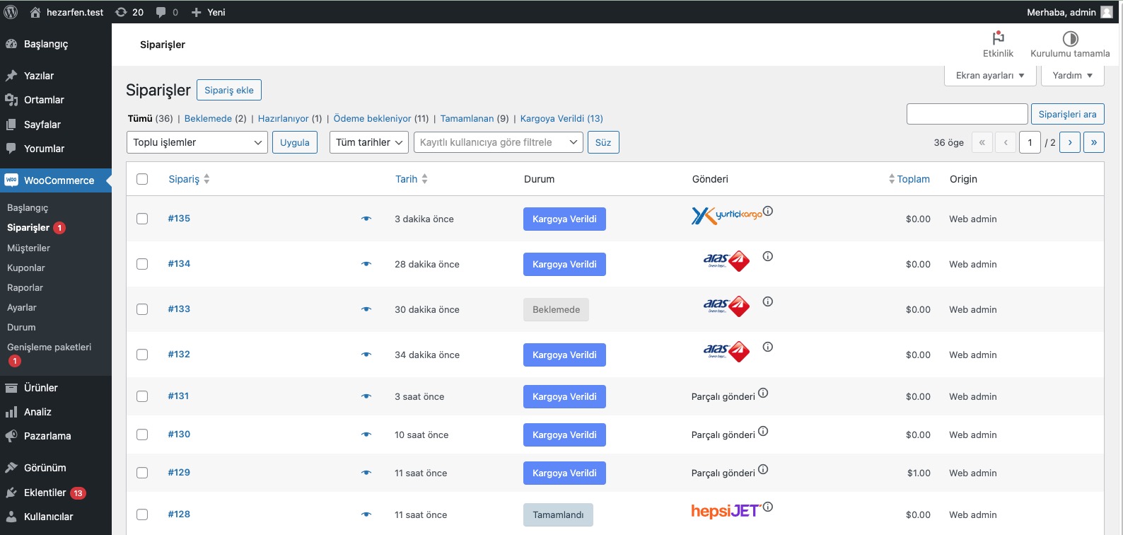 Sipariş liste ekranında kargo bilgilerinin görüntülenmesi