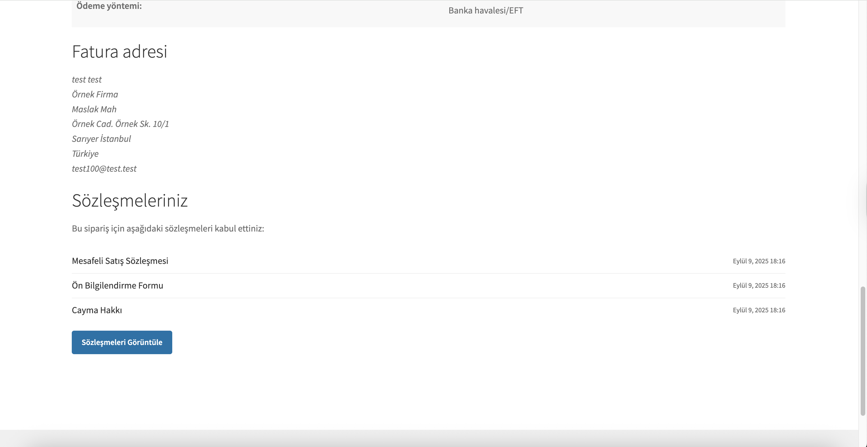 Hesabım sayfasında siparişe ait oluşmuş sözleşmelerin gösterilmesi