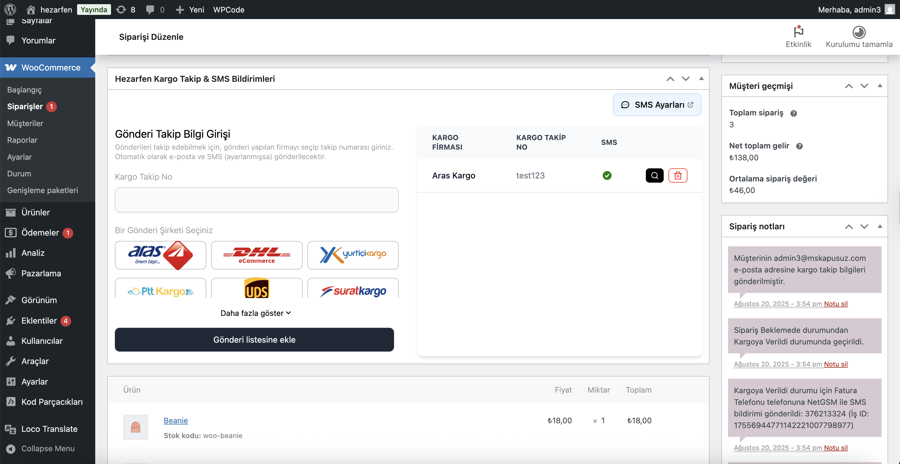 WooCommerce siparişe girilmiş kargo takip numaralarının sipariş detayında listelenmesi