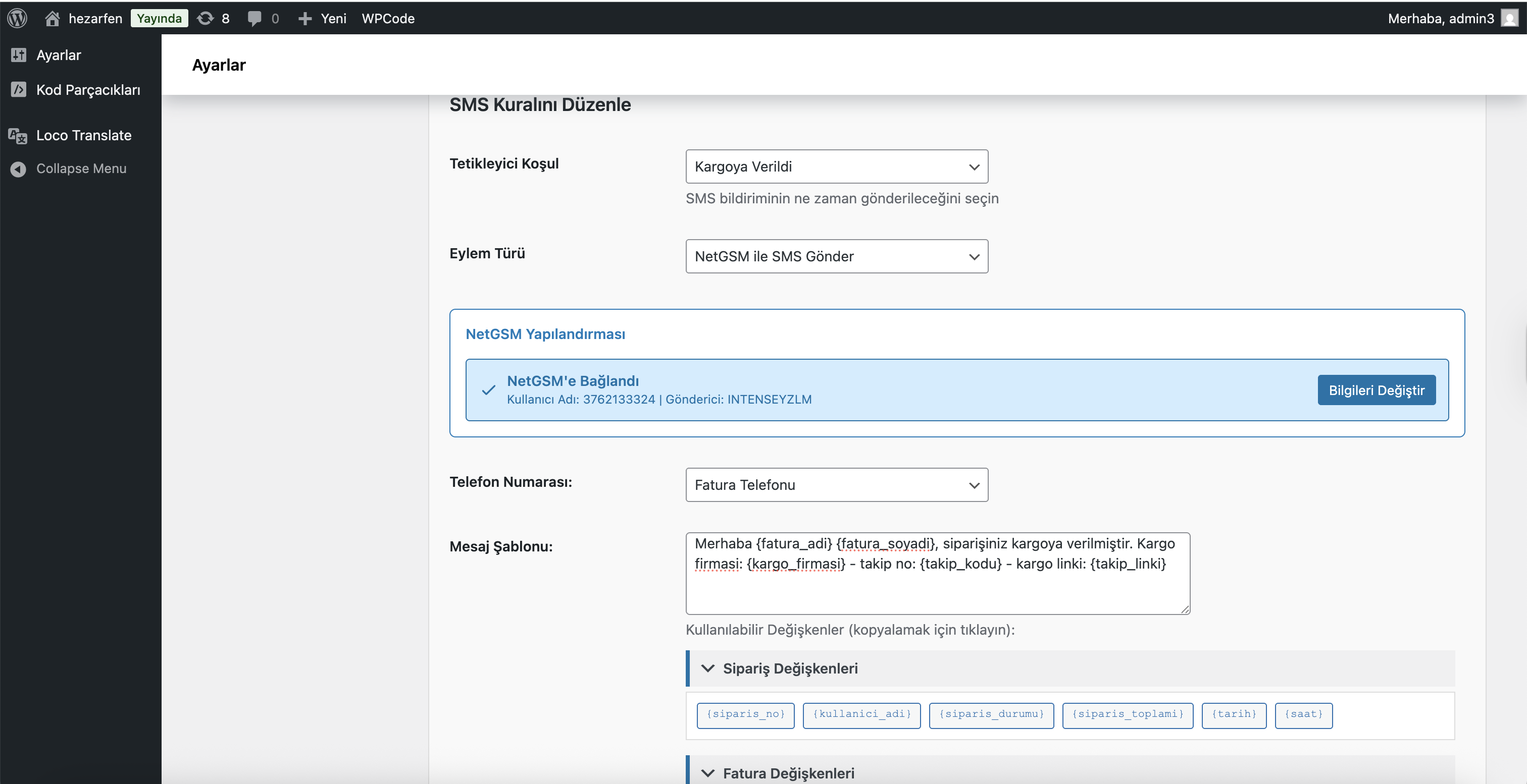 NetGSM ile Kargoya verildi SMS düzenleme ekranı
