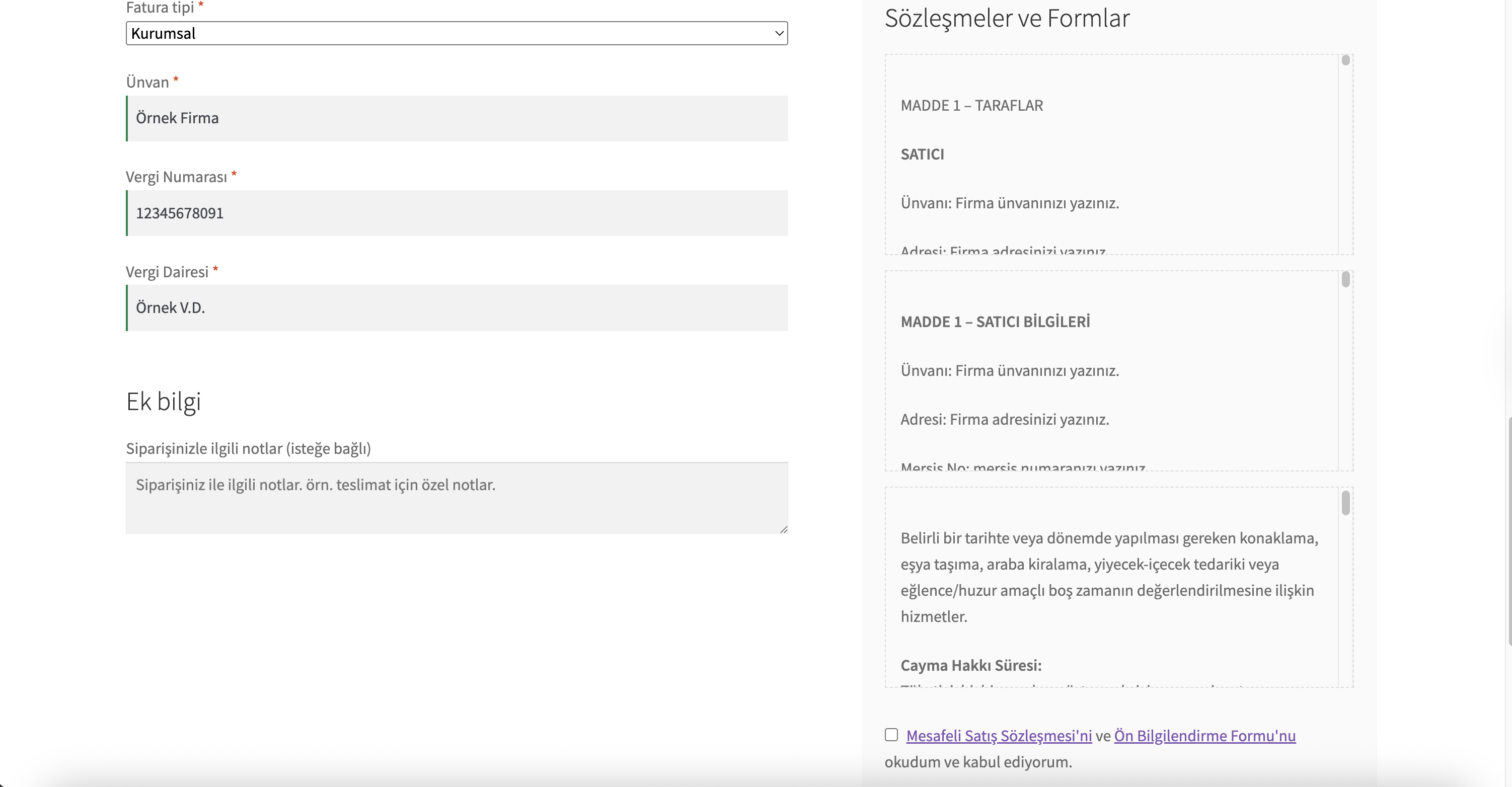 Ödeme ekranında sözleşmelerin gösterimi (opsiyonel)