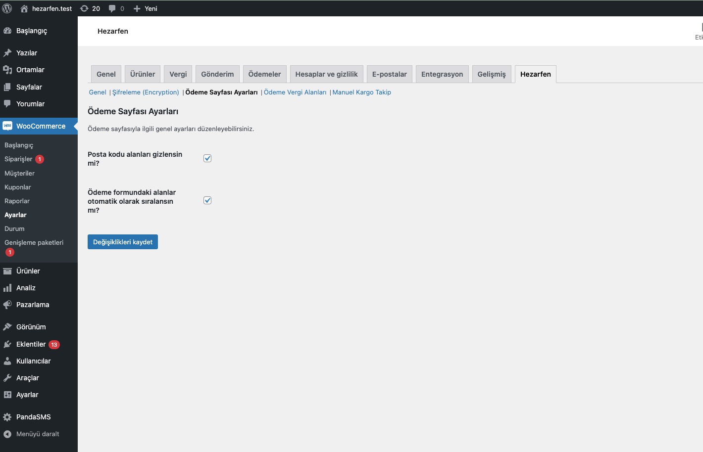Posta kodu kapatabilme, ödeme ekranı sıralayabilme özelliklerinin kontrolü