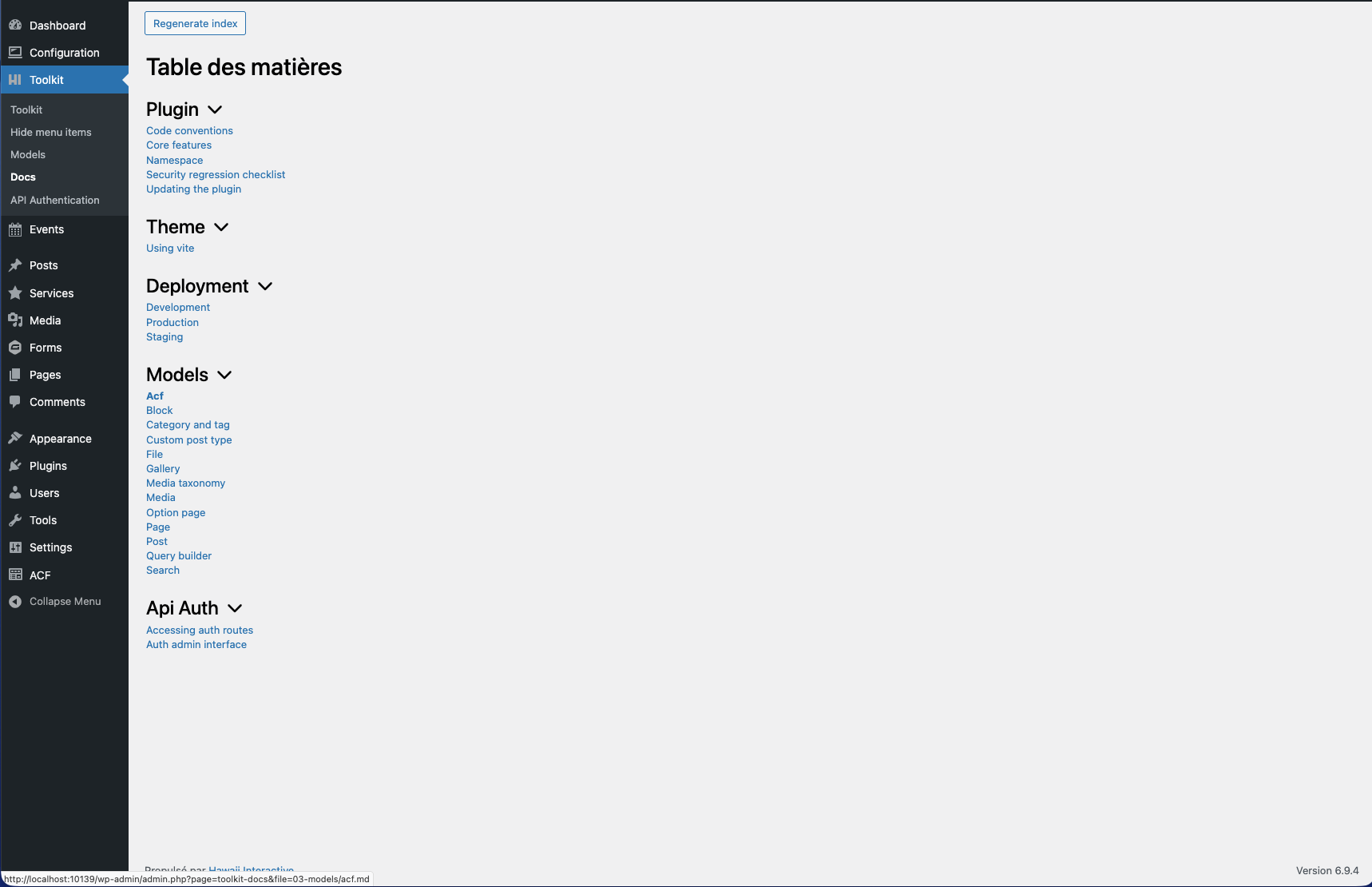 Documentation viewer — browse Markdown docs from the plugin's /docs folder, organized by section with collapsible categories.