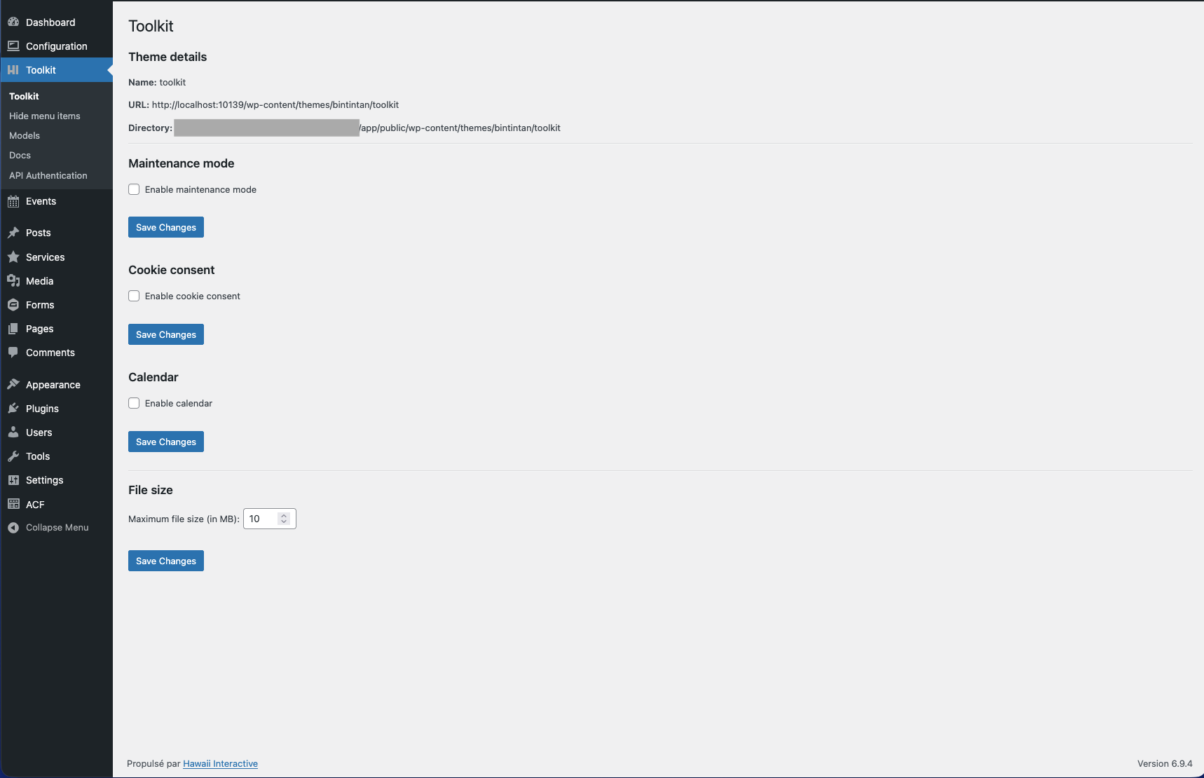 Toolkit dashboard — theme details, maintenance mode toggle, cookie consent, Google Calendar, and file upload size settings.