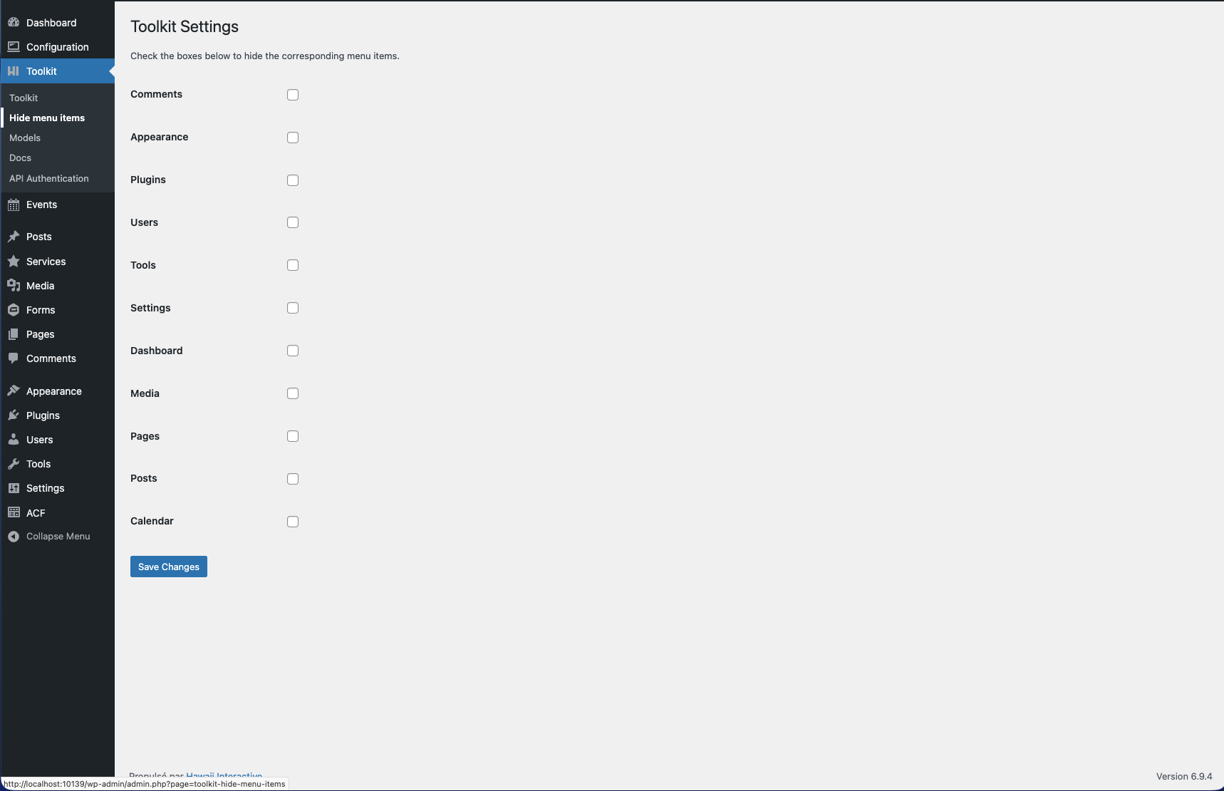 Hide menu items — clean up the WordPress admin sidebar for clients by toggling off unused menu entries.