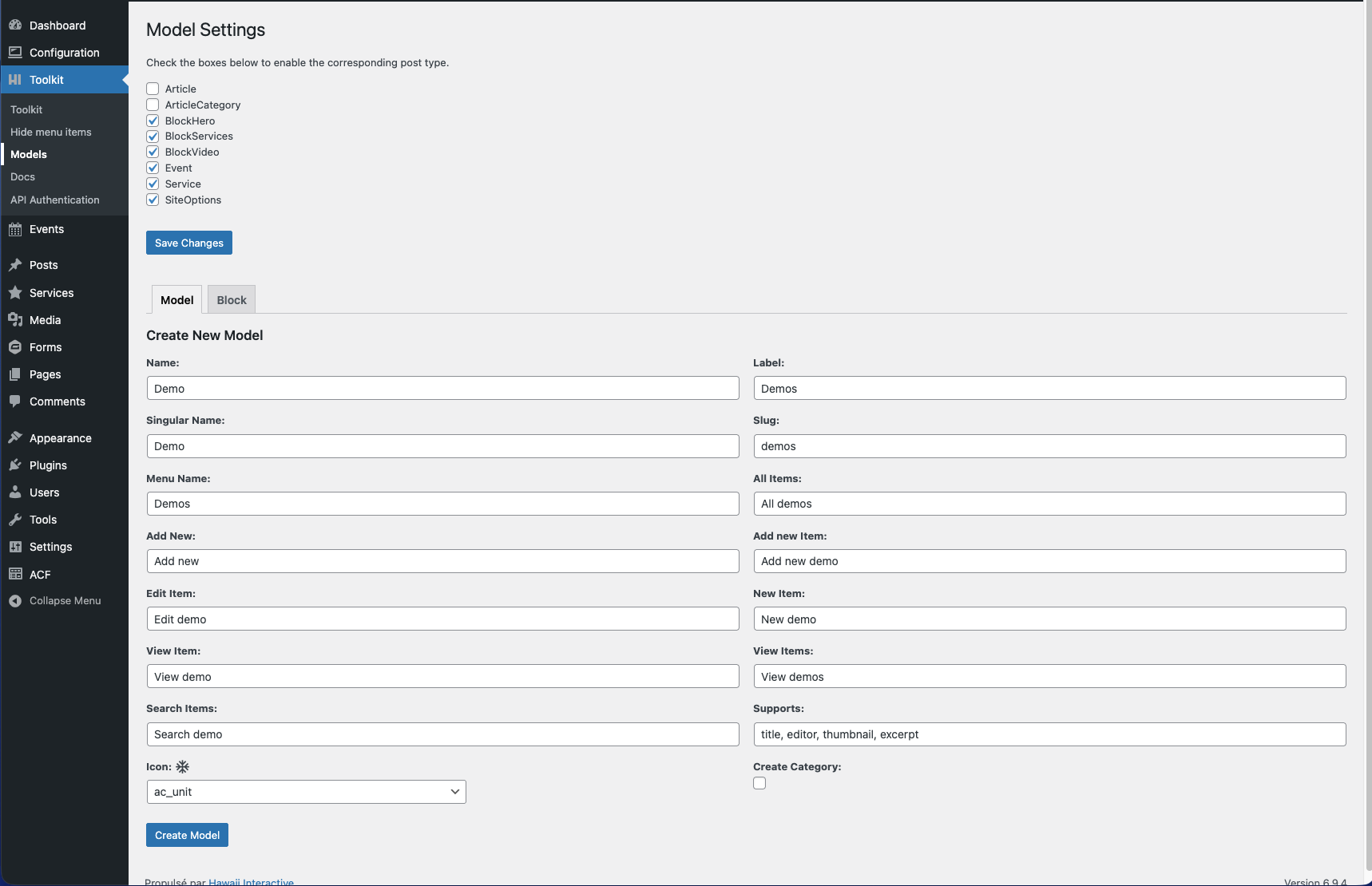 Model manager — enable/disable registered custom post types and scaffold new CPT model files directly from the admin.