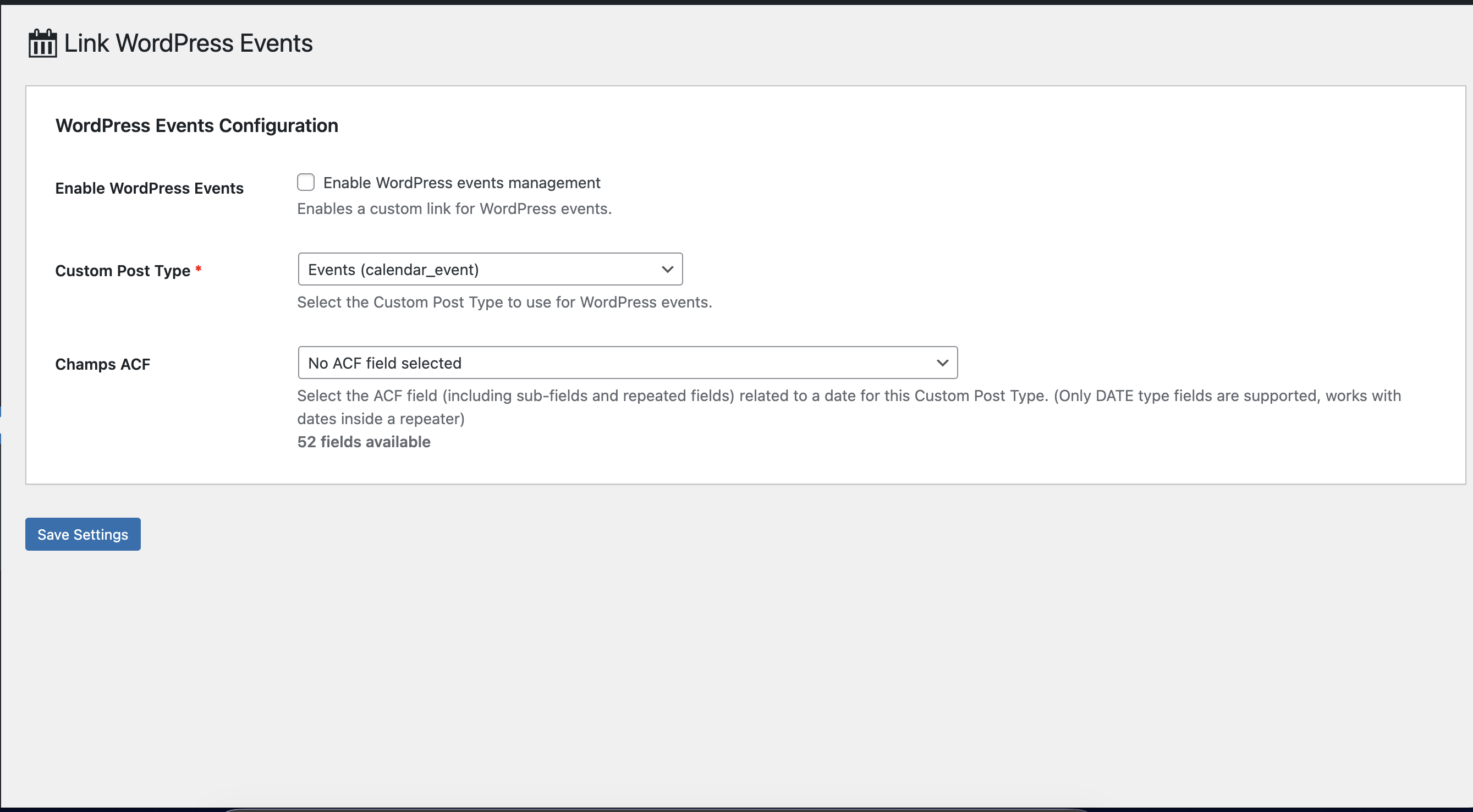 Link WordPress Events — map any public custom post type and its ACF date field (including repeater sub-fields) to calendar events, with a count of all available fields.