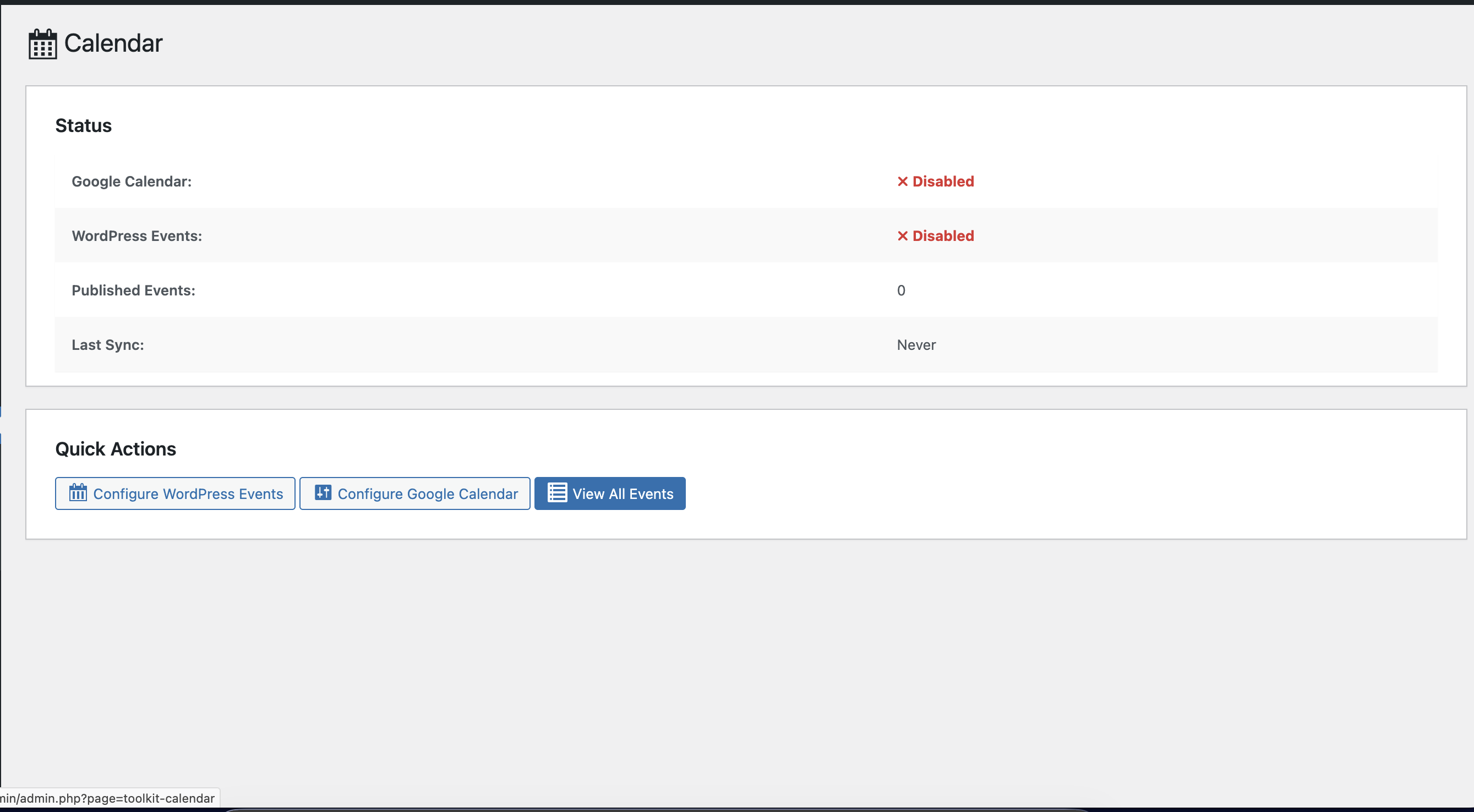 Calendar dashboard — at-a-glance status of Google Calendar and WordPress Events sync, published event count, last sync time, and quick-action buttons.