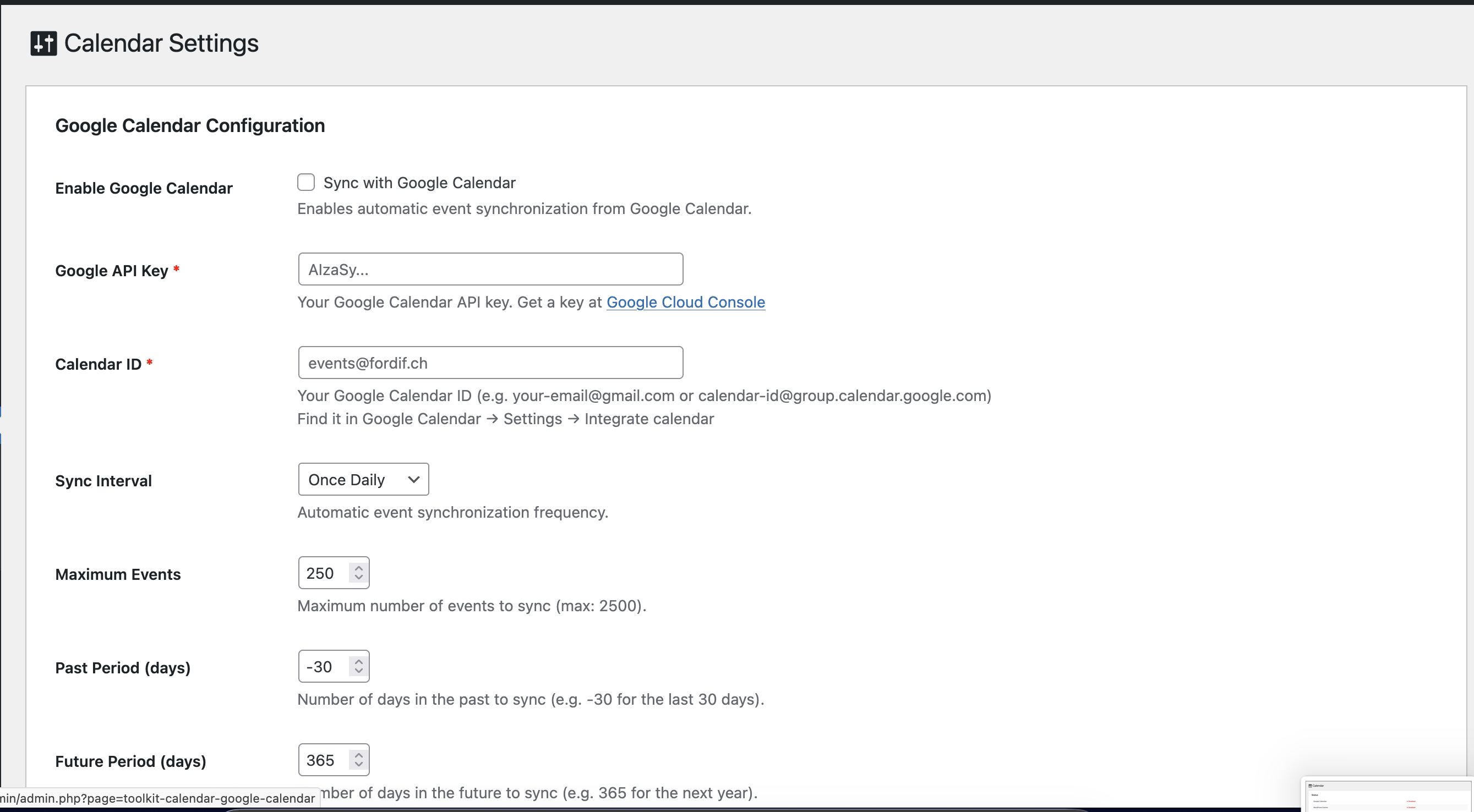 Calendar Settings — Google Calendar configuration: API key, Calendar ID, sync interval, maximum events, and past/future date-range offsets.