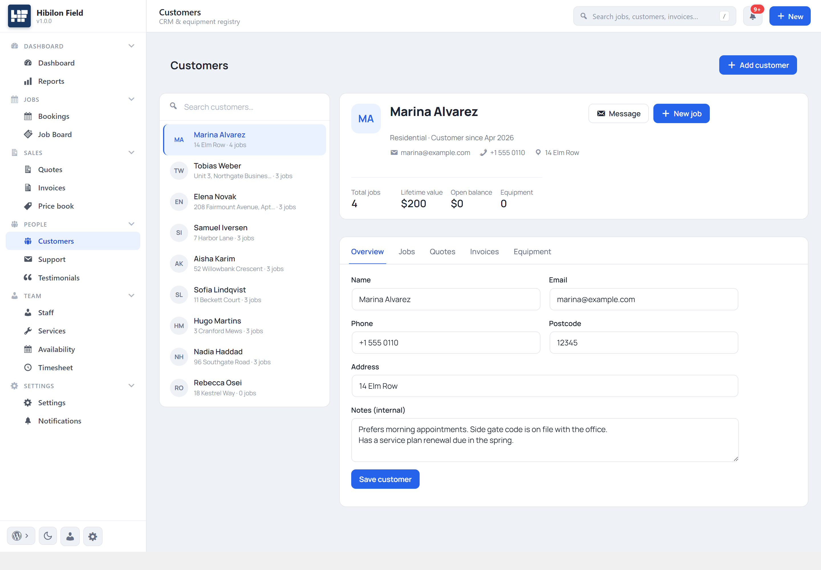 A customer record showing linked bookings, quotes, invoices, and notes.
