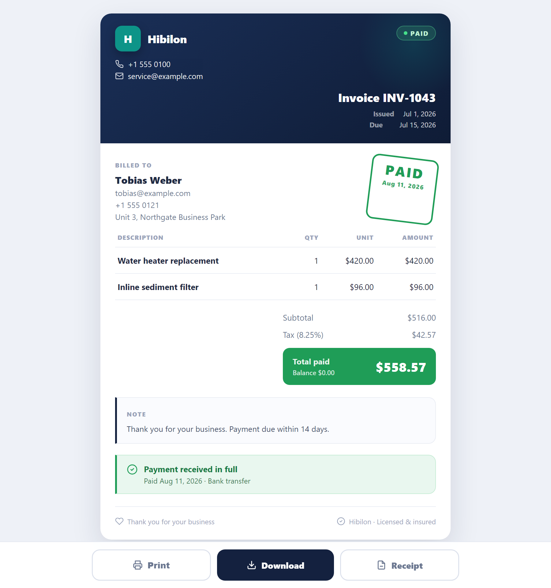 An invoice and its generated PDF.