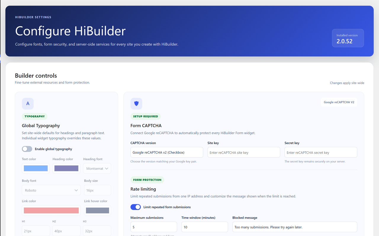 HiBuilder Global Settings with typography, CAPTCHA, rate limiting, and form submission controls.