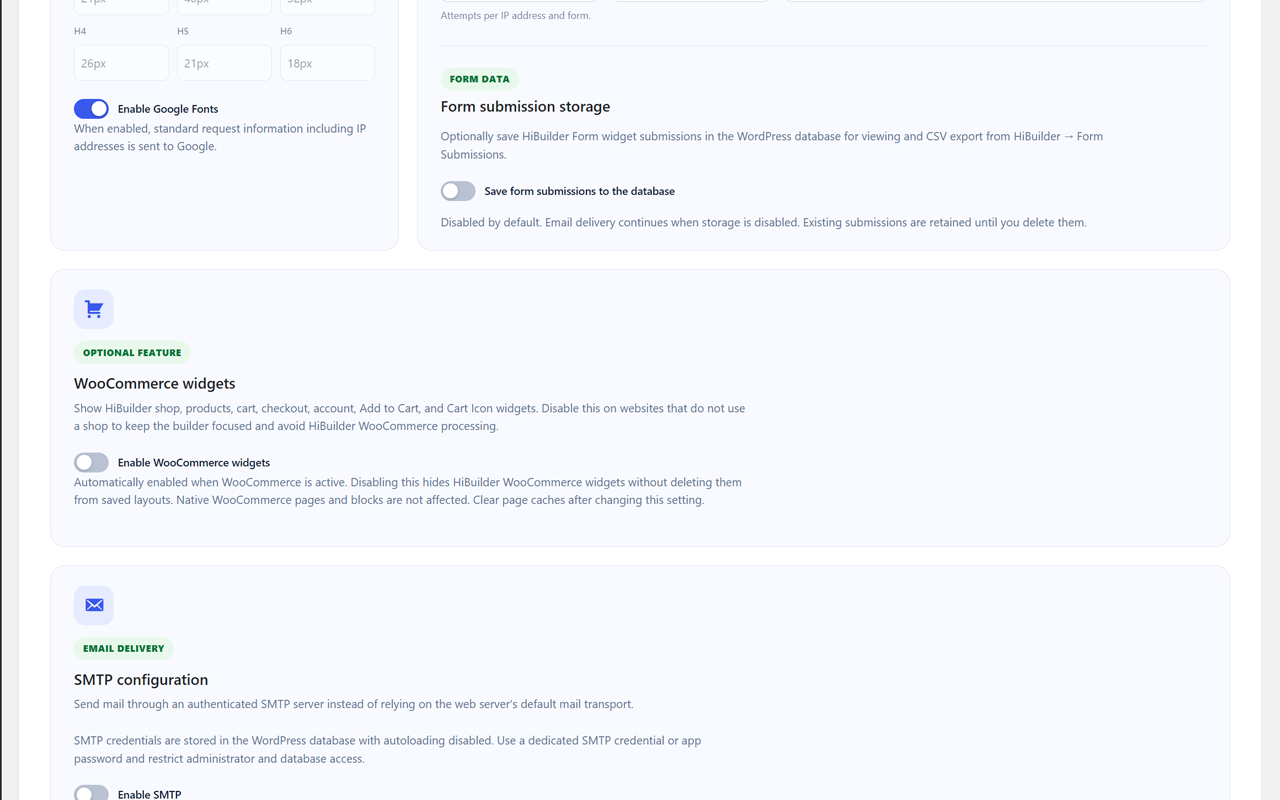Global Settings with WooCommerce widget controls and SMTP email configuration.