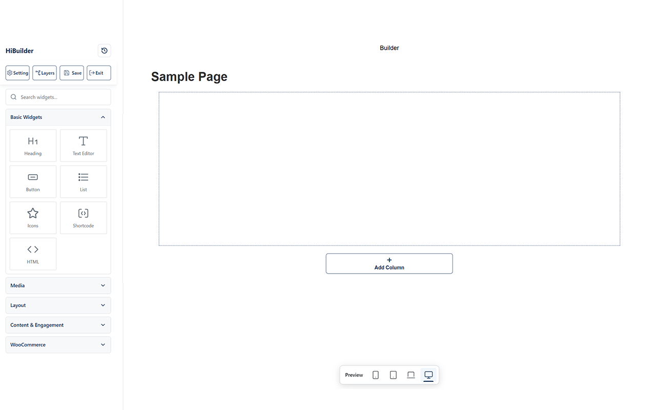 HiBuilder visual drag-and-drop editor with widgets, layout tools, and responsive preview controls.