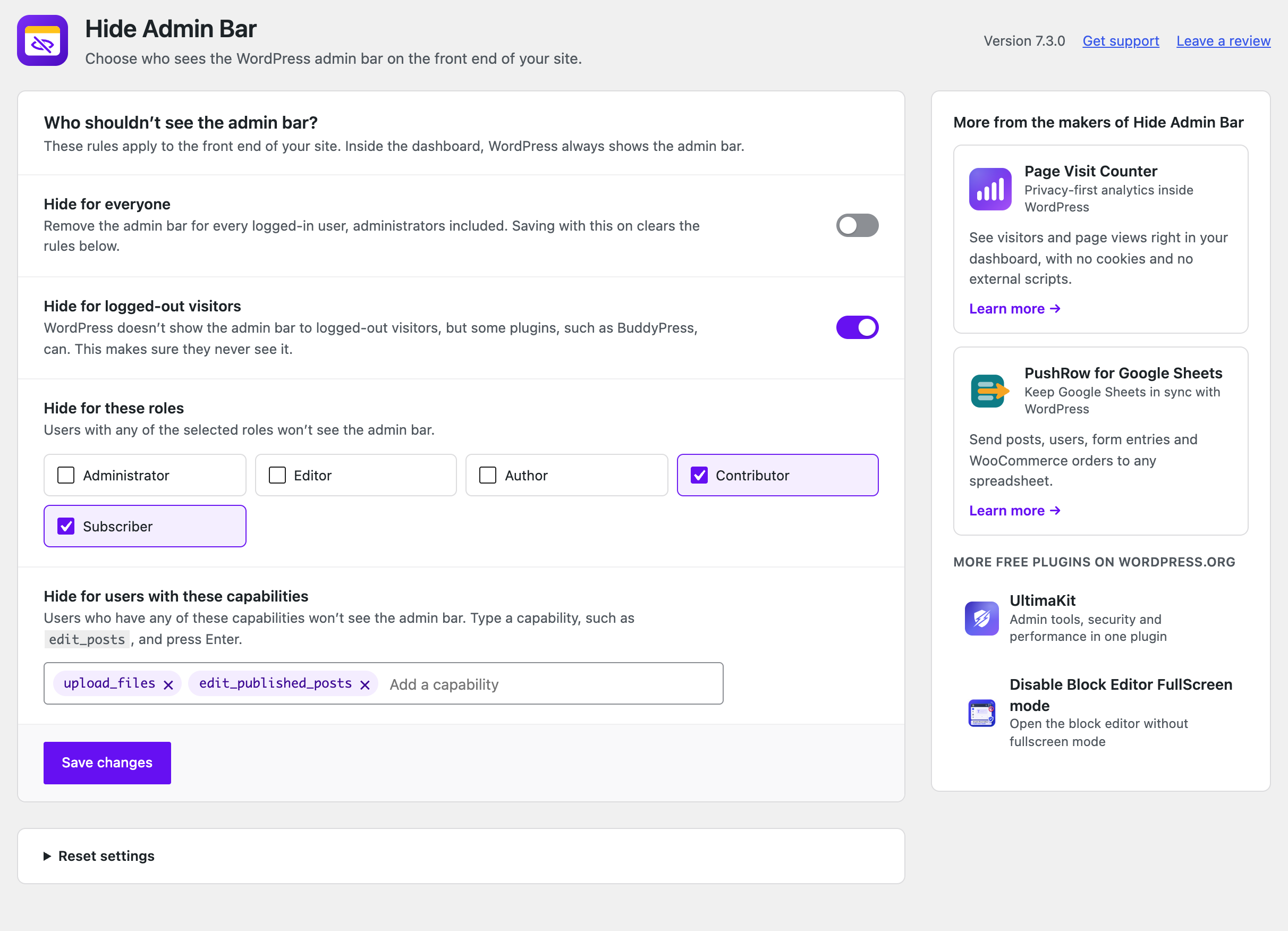 Choose who doesn't see the admin bar: everyone, logged-out visitors, specific roles, or users with certain capabilities.