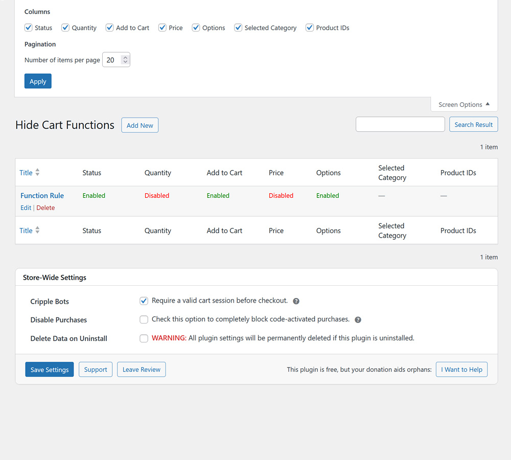 The Hide Cart Functions Rules Table With Bot Options