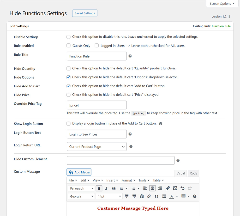 Top Part of Hide Cart Functions User Selected Settings