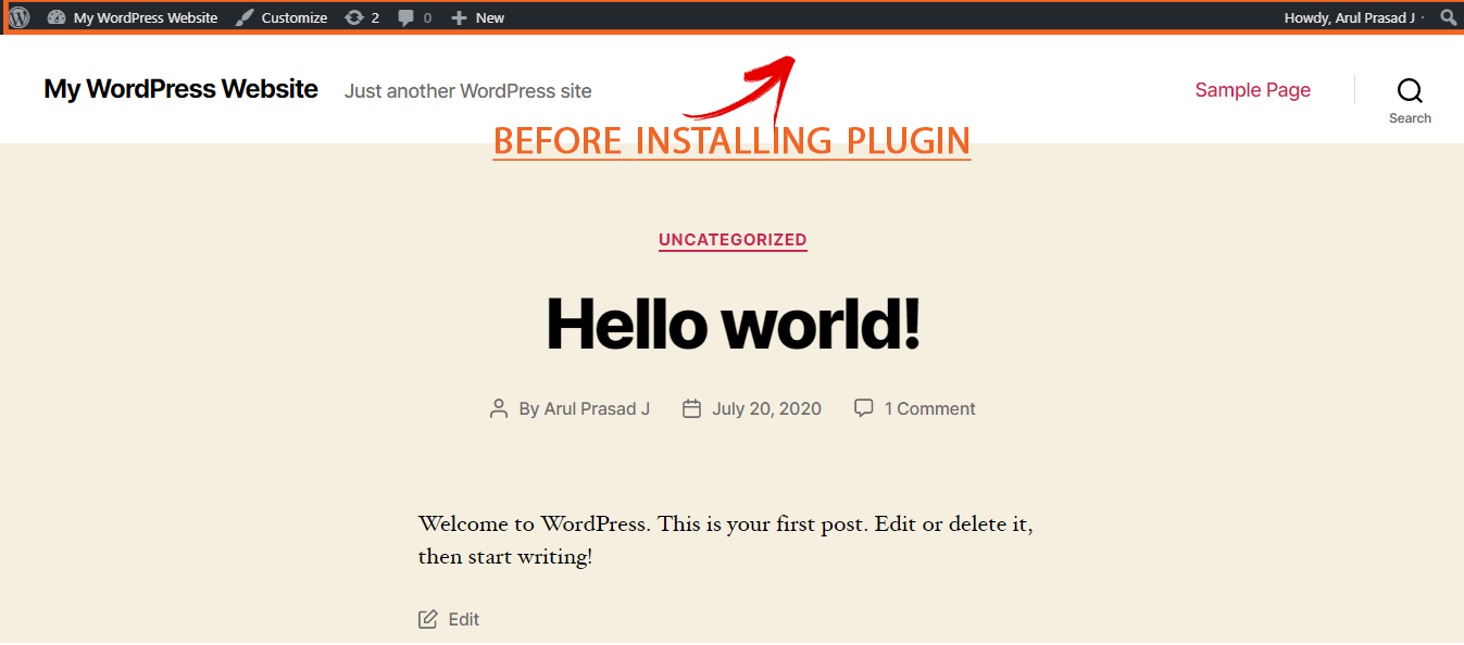 Site without Hide Front End WP Admin Bar plugin