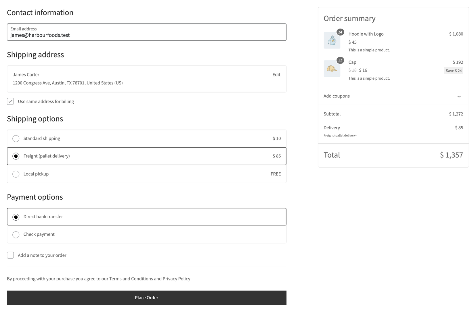 Block checkout for a wholesale customer — bank transfer and freight are offered, cash on delivery is hidden.