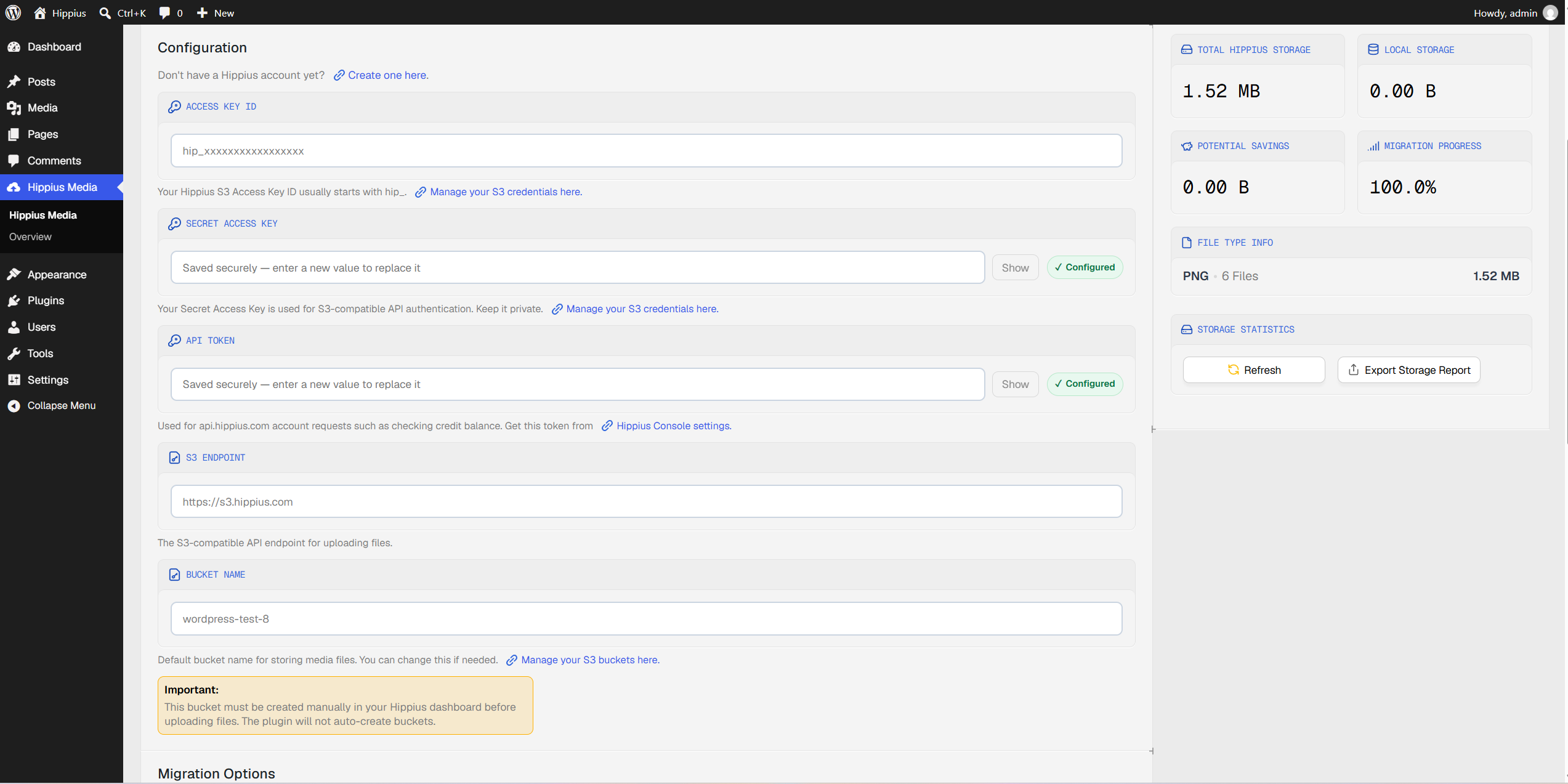 Settings: your S3 access keys, bucket and endpoint.