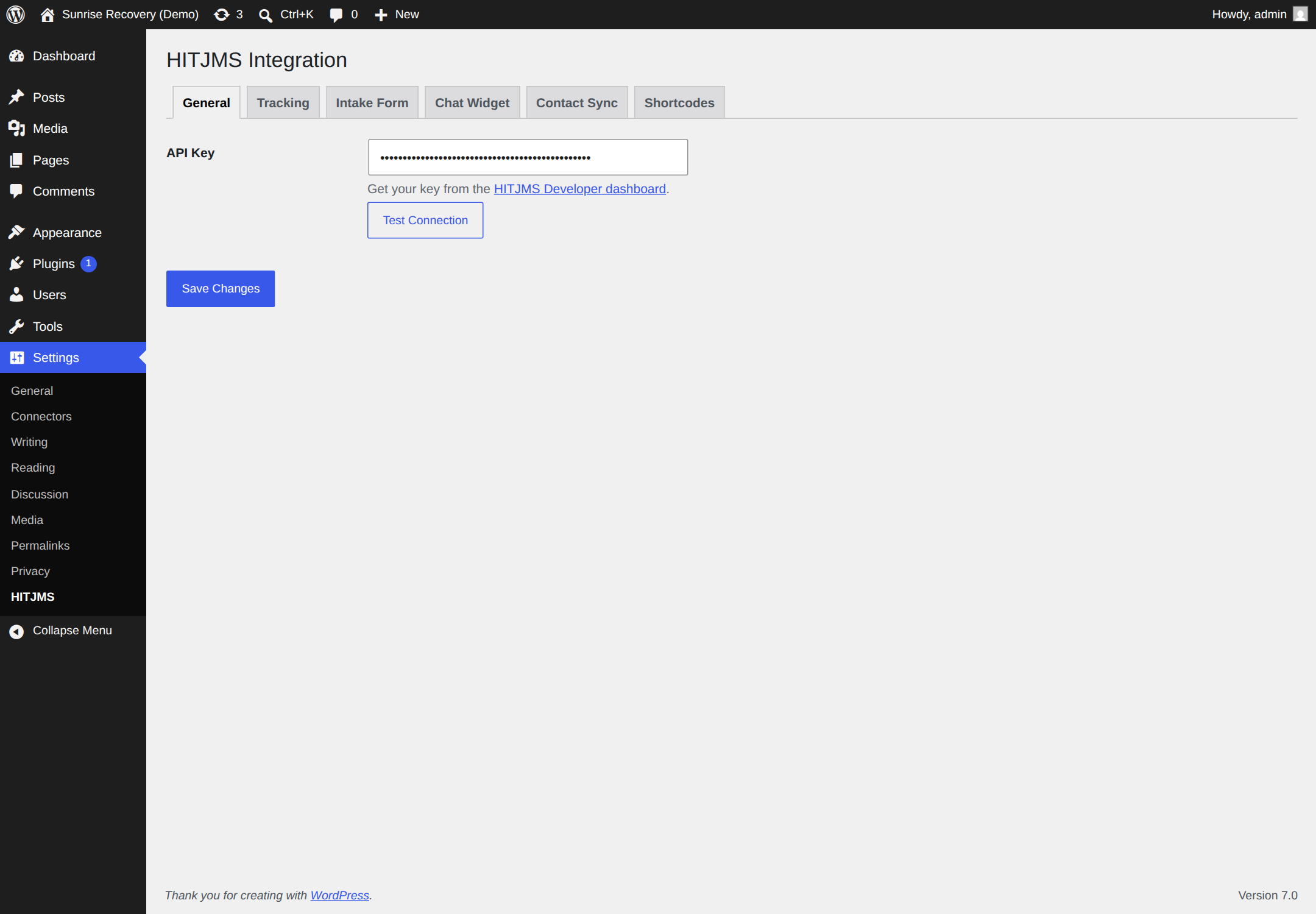 Settings → HITJMS — General tab with API key and Test Connection.