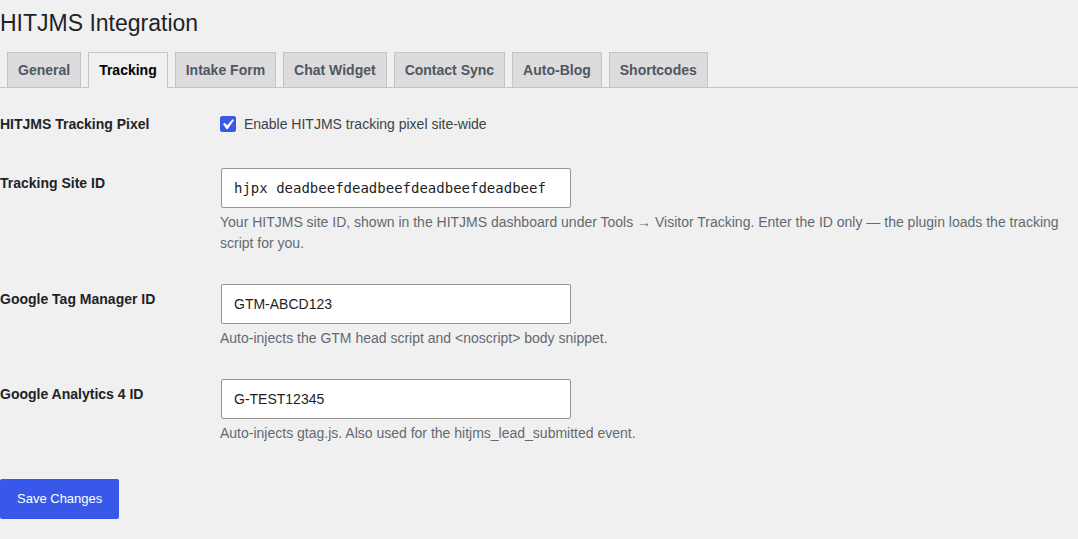 Tracking tab — HITJMS site ID, Google Tag Manager and GA4 fields.