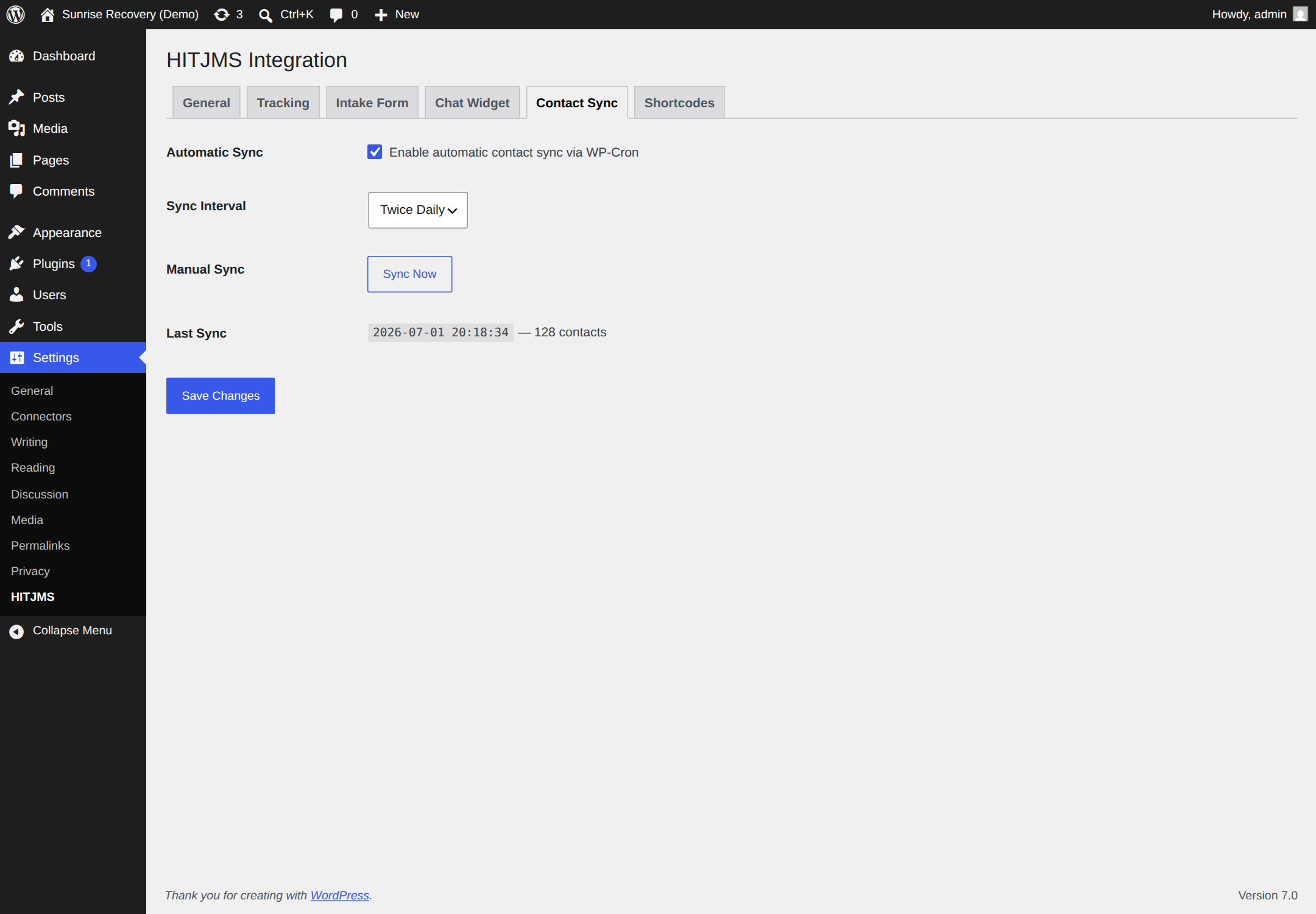 Contact Sync tab — schedule, Sync Now, and last-sync status.