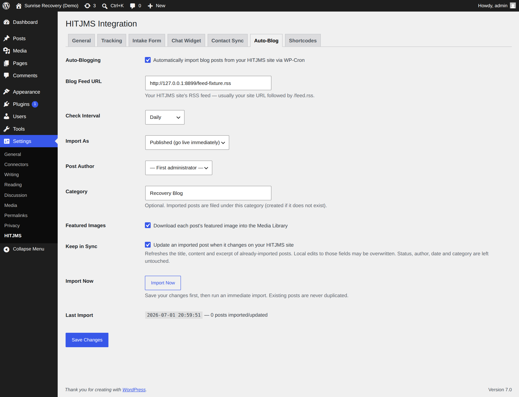 Auto-Blog tab — import AI-generated blog posts from your HITJMS site via RSS.