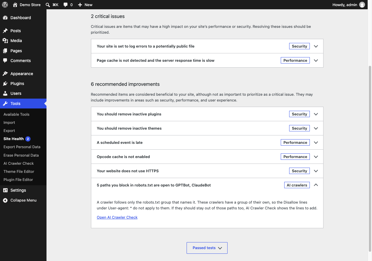 The Site Health check.