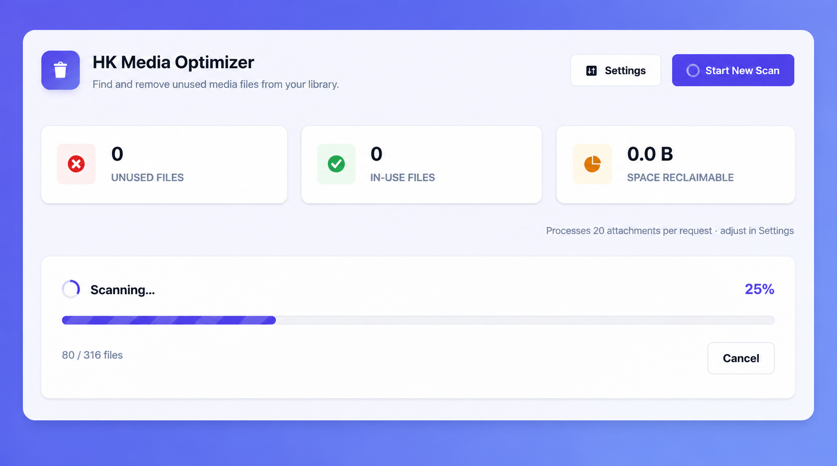 Scanner page with real-time progress tracking, summary cards, and scan status for unused media files.
