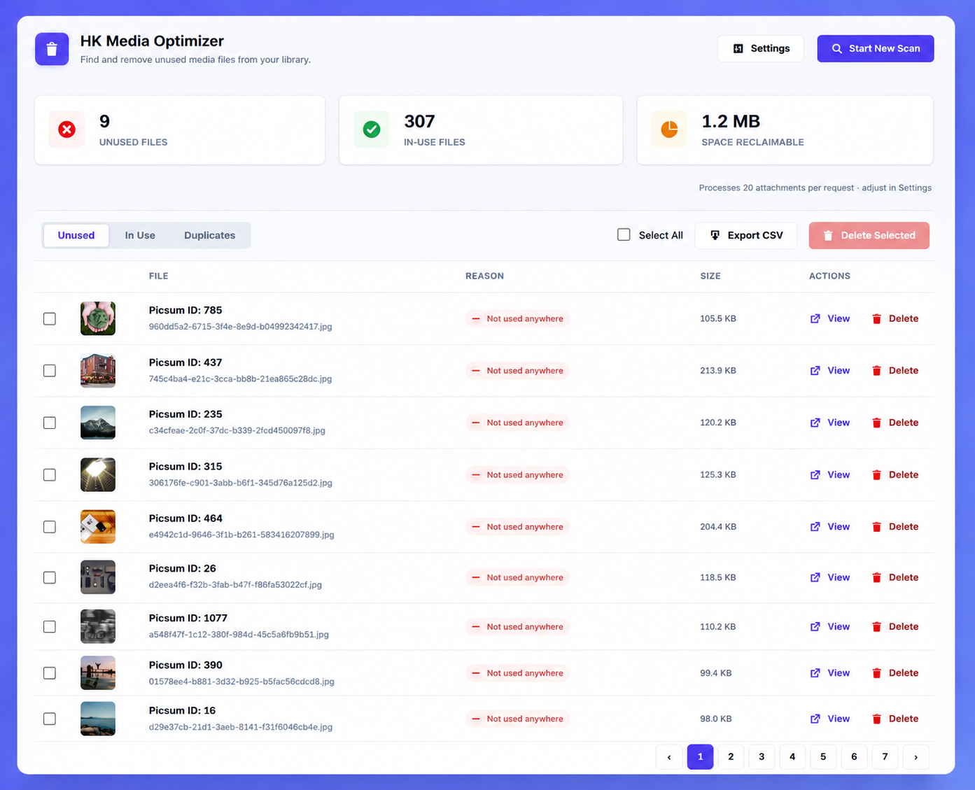 Unused Media page listing all unused attachments with bulk actions, file details, and safe deletion options.