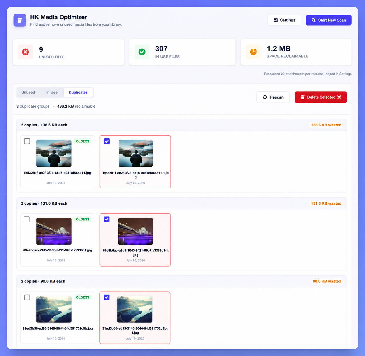 Duplicate Finder displaying grouped duplicate files, reclaimable storage space, and tools to safely remove redundant copies.