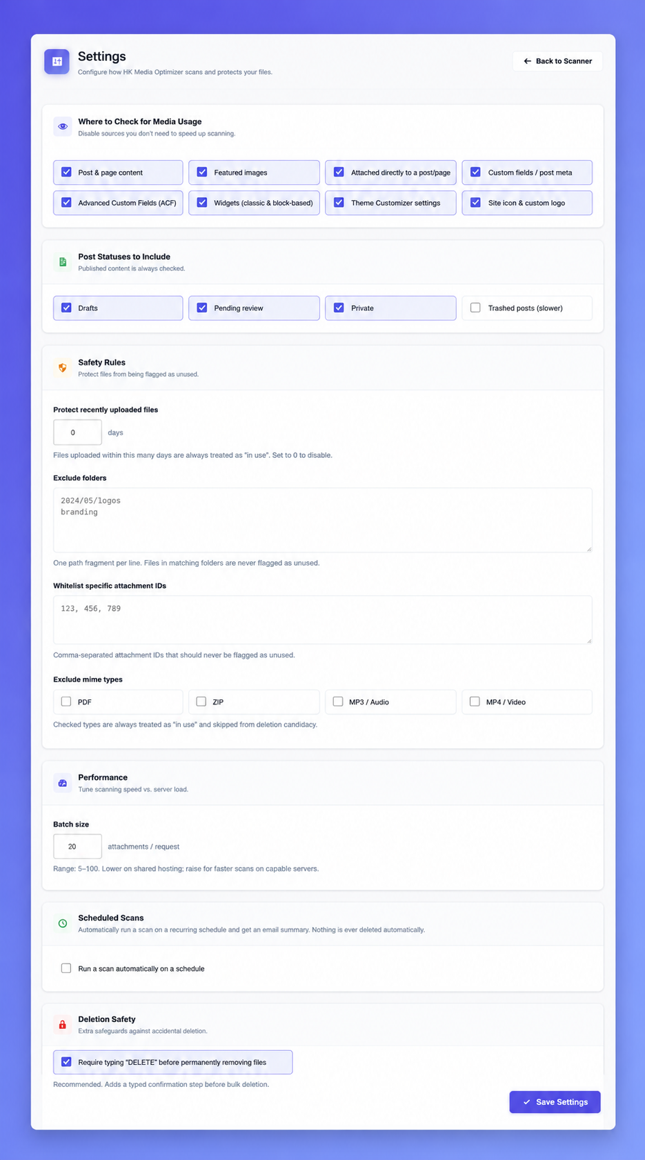 Settings page with configurable scan sources, post status filters, safety rules, performance tuning, scheduled scans, and deletion safeguards.